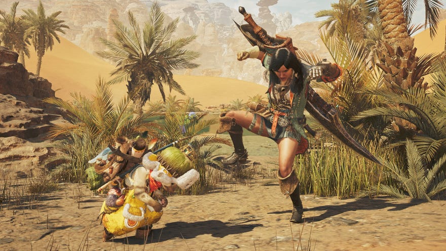 A downloadable quality  motion  for Monster Hunter Wilds, showing a pistillate  huntsman  with a sword and her feline  buddy stamping their feet.