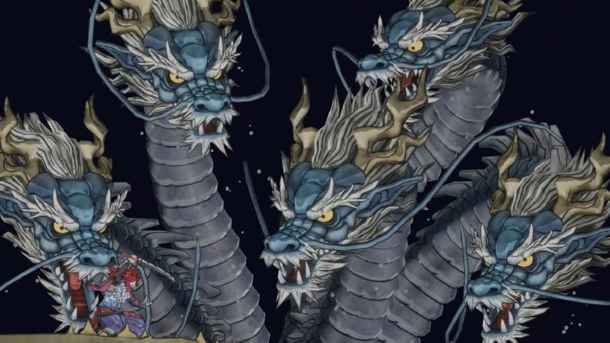 A multi-headed dragon looms over GetsuFumaDen’s protagonist, who readies his sword for a fight.