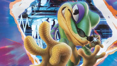 Gex Trilogy artwork showing the gecko-inspired 90s video game mascot tipping his sunglasses and looking into the camera.