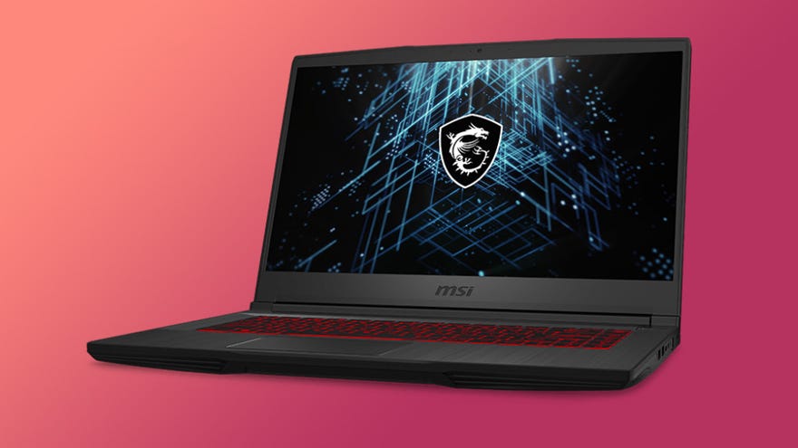 a photo of an msi gf65 shockwave laptop, with a medium build, red-backlit keyboard and rtx 3060 graphics card