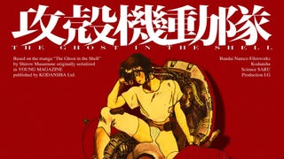 A poster for the Ghost in the Shell anime series by Science Saru showing Motoko Kusanagi sat on top of a mech, the logo for the series above her head.