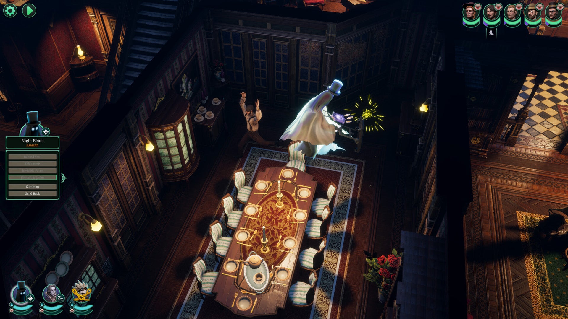A ghost floats above a table as a human runs away in a Victorian dining room in Ghost Keeper. - 1