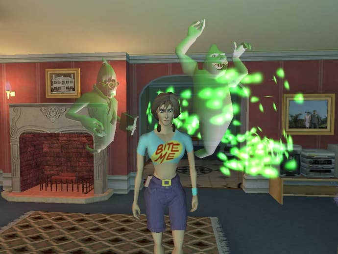A human with a t-shirt that says Bite Me is surrounded by ghosts in a house in Ghost Master