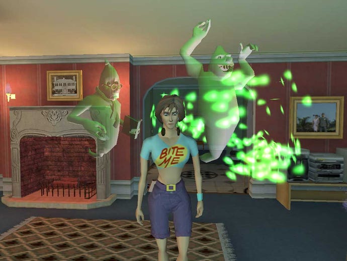 A human with a t-shirt that says Bite Me is surrounded by ghosts in a house in Ghost Master