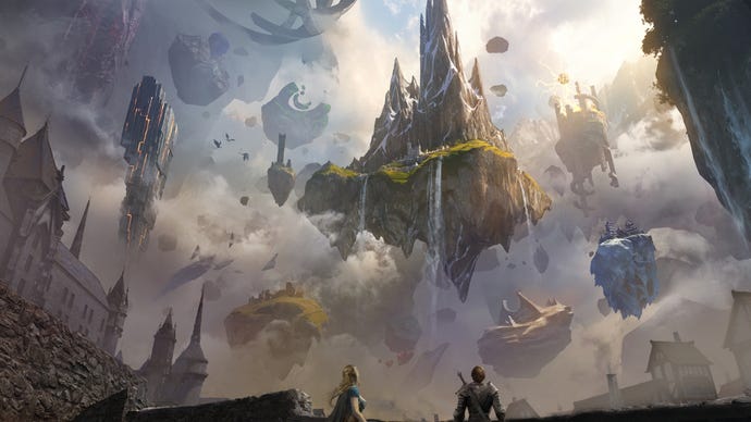 Two character stare up at a floating island in artwork for MMO Ghost