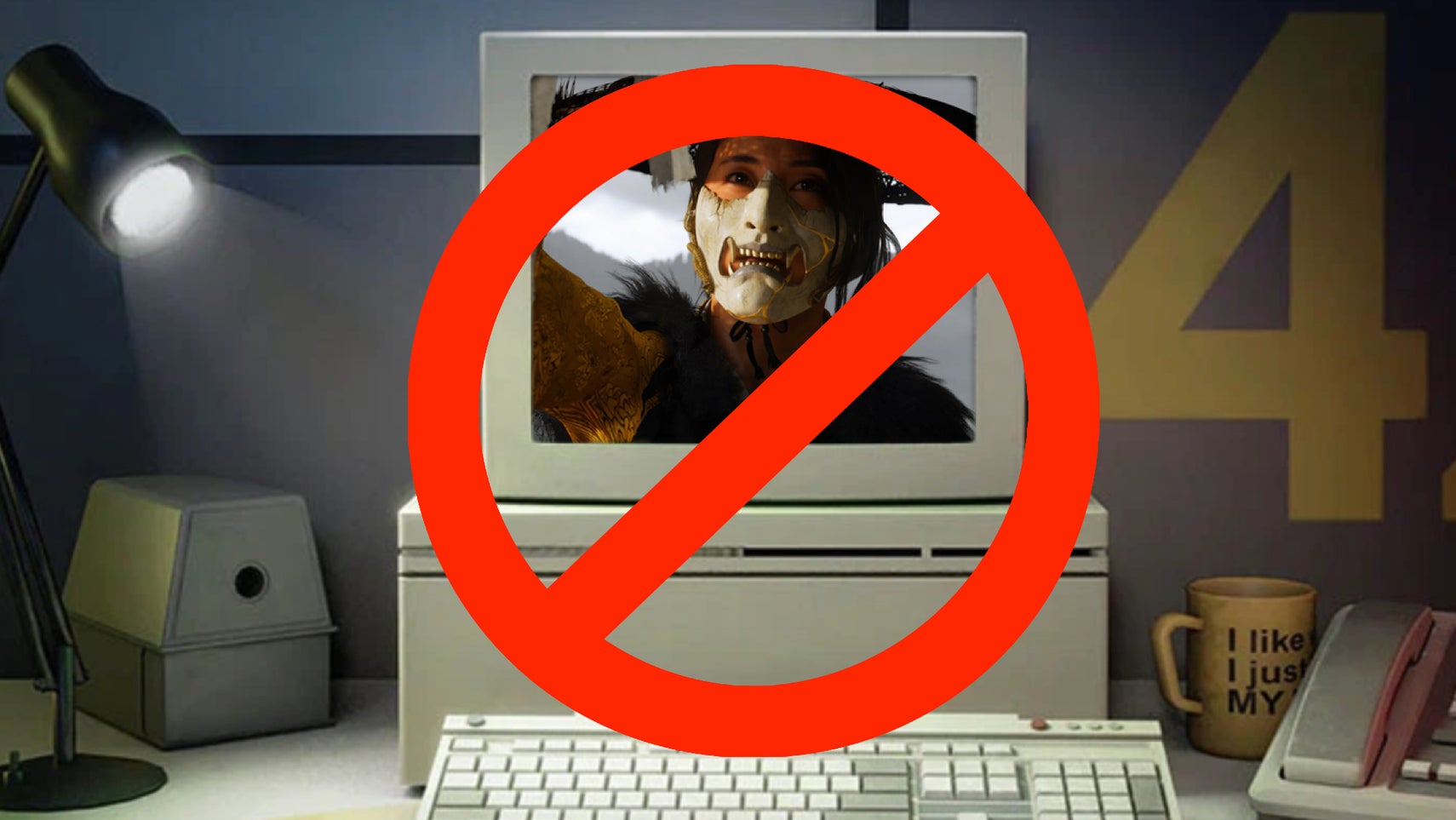 A beige desktop PC (from Stanley Parable, although that's not relevant) with an image Ghost of Yotei on its screen and a big prohibition sign over it.