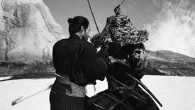 Two samurai lock swords while duelling in Ghost of Tsushima: Director Cut's black-and-white mode