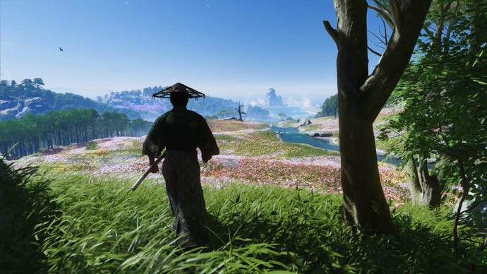 In Ghost Of Tsushima: Director's Cut steht ein Krieger auf einem Feld mit Blick auf die Aussicht.