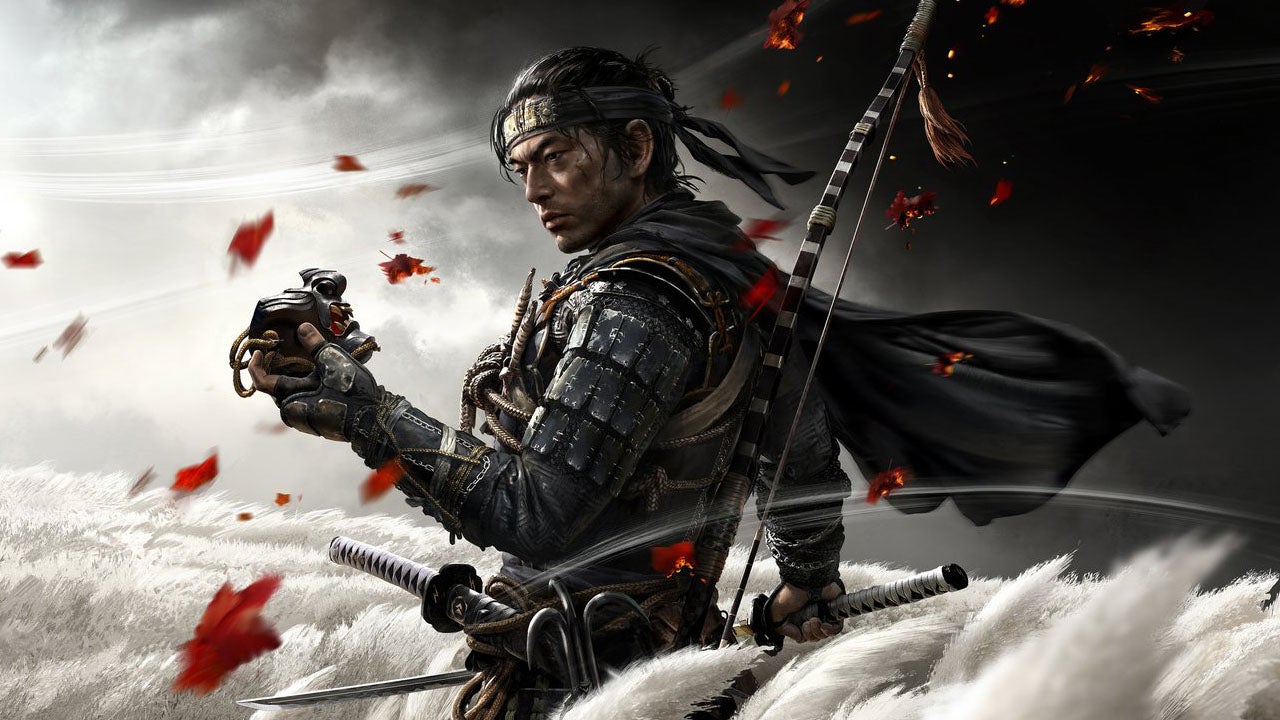 Ghost of Tsushima showing the main character, Jin, stood in a field of white feathery flowers, sword in one hand, mask in the other. - 18