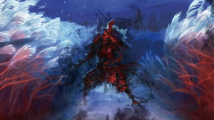 Painterly concept artwork of Ghost of Tsushima Legends showing figure in samurai armour