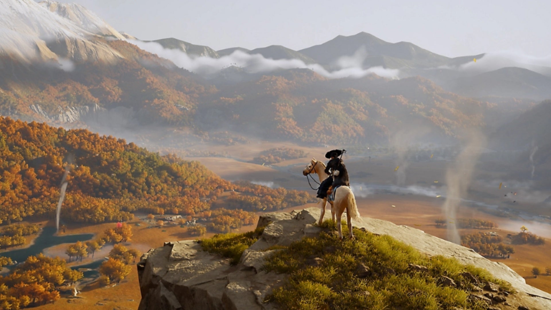 ghost of yotei character on horse overlooking mountain scenery