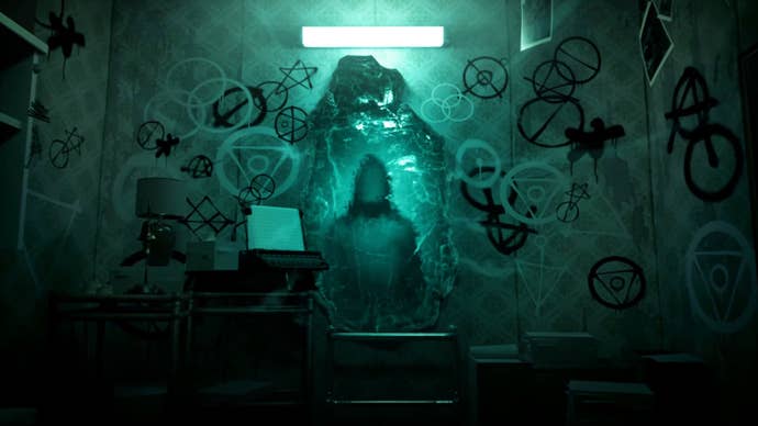 Ghost Town screenshot showing a room bathed in eerie cyan light. Photos and scribbled drawings are strewn across its dank walls, and a shadowy figure emerges from a strange rift in the centre of the screen.