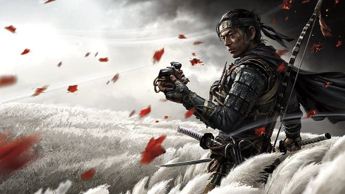 Promotional art for Ghost of Tsushima showing samurai protagonist Jin Sakai standing in a field of swaying pampas grass as red leaves blow in the wind around him.