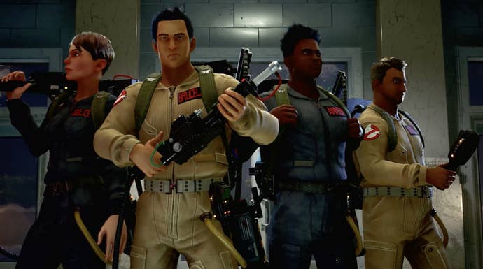 A screenshot of Ghostbusters: Spirits Unleashed showing four player-created ghostbusters ready to bust some ghosts.