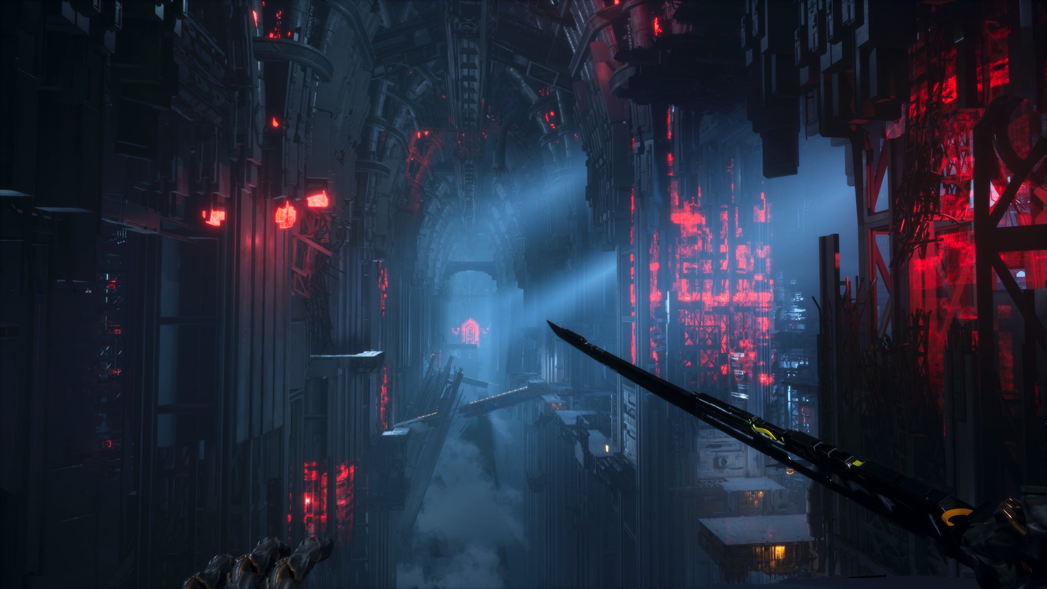Player, from first-person view, holds a sword and looks out over the red neon and black shadows of Ghostrunner 2's world. - 3