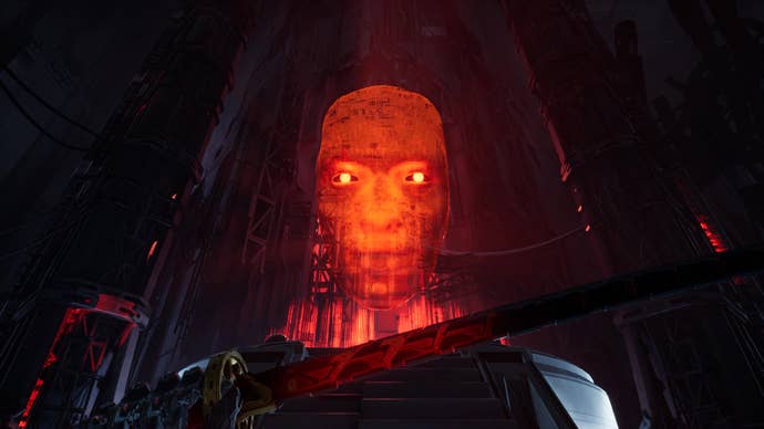 A big red cyberface in Ghostrunner 2.