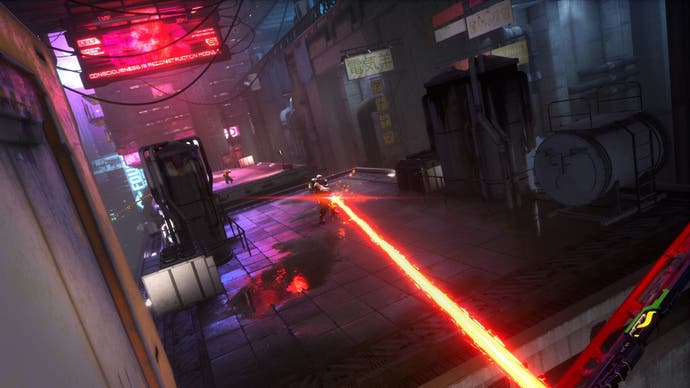 An in-game shot of Ghostrunner 2 showing the protagonist wall-running to move between rain-slicked, neon-lit city rooftops while dodging incoming enemy lasers, all viewed in first-person.
