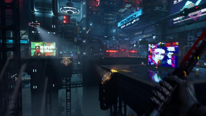 Looking out at a cyberpunk city in Ghostrunner 2.