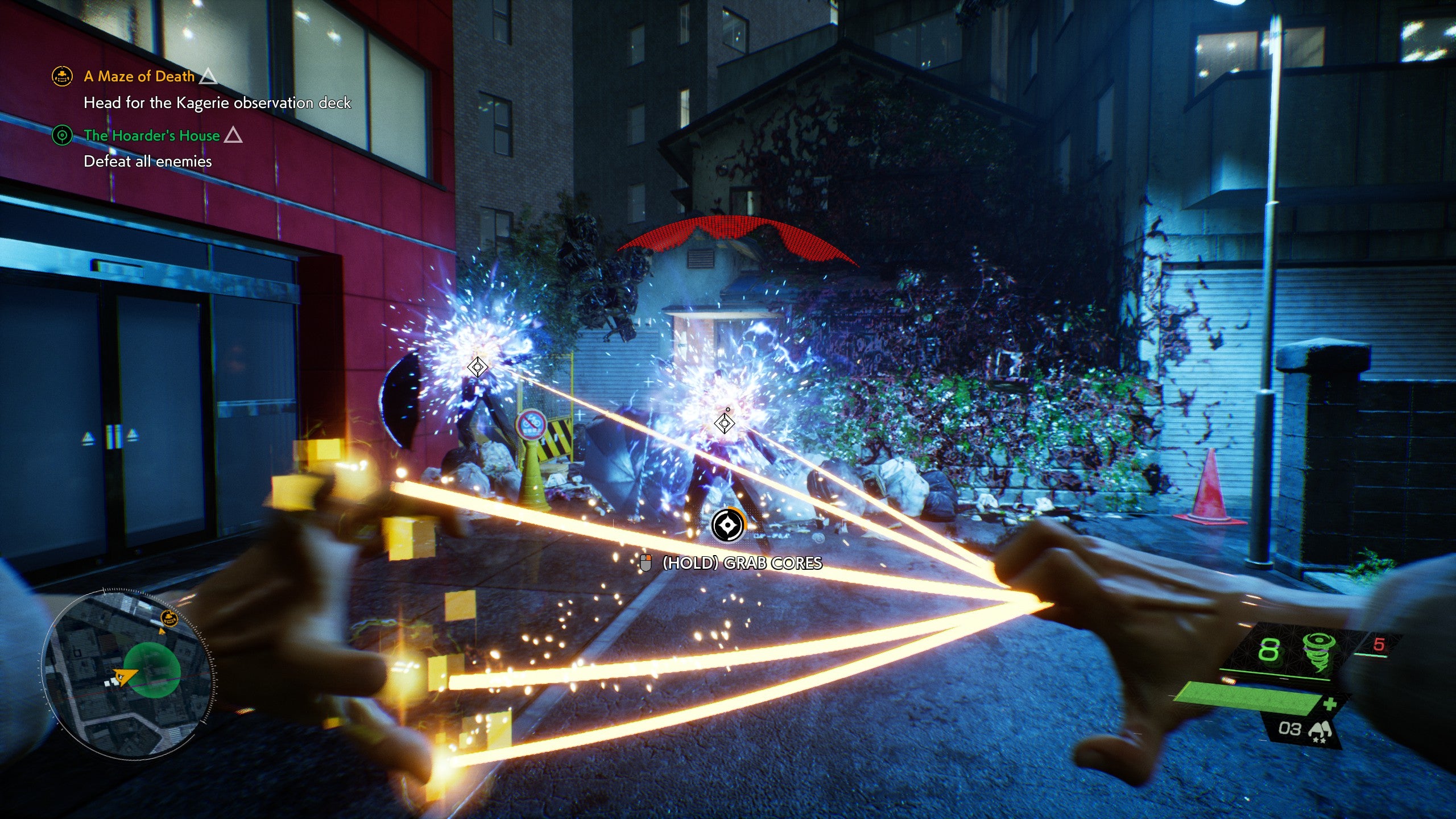 The player grabs several ghost cores with yellow cords in Ghostwire Tokyo