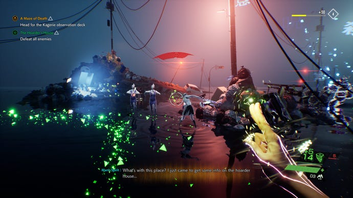 The player fights a bunch of ghosts in a watery, junk-filled arena in Ghostwire Tokyo