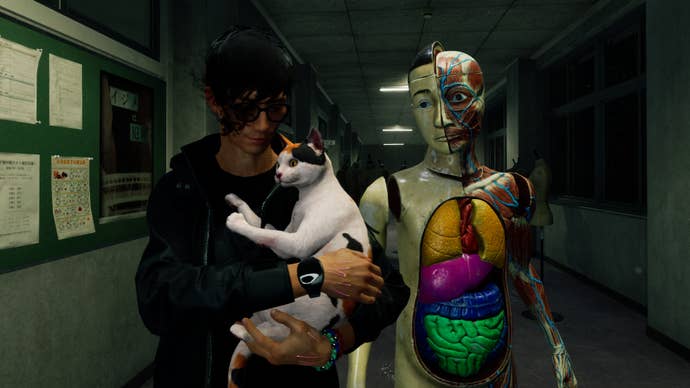 A man pets a cat while a terrible anatomical lurks behind him in a Ghostwire: Tokyo screenshot.