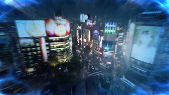 Gliding over the Shibuya Scramble crossing in a Ghostwire Tokyo screenshot.