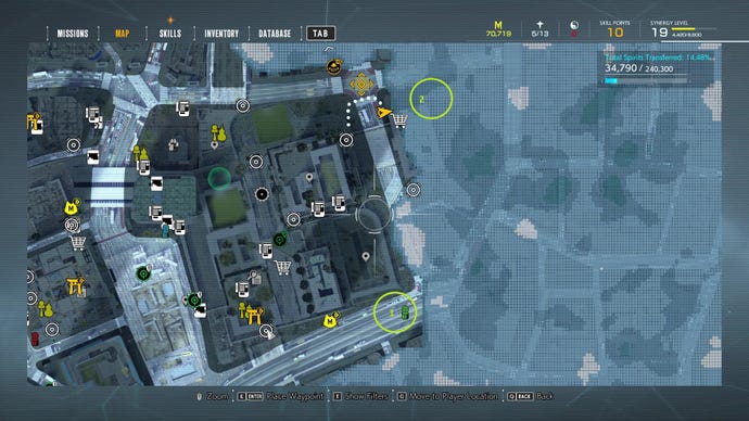 An annotated map showing the locations of Jizo statues in the Kuo Shrine area of Ghostwire: Tokyo.