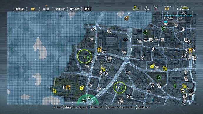 An annotated map showing the locations of Jizo statues in the Matsumi Shrine area of Ghostwire: Tokyo.