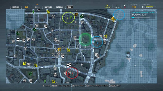 An annotated map showing the locations of Jizo statues in the Utagawa Shopping District area of Ghostwire: Tokyo.