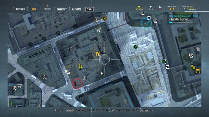 An annotated map showing the locations of Jizo statues in the Yashin Shrine area of Ghostwire: Tokyo.