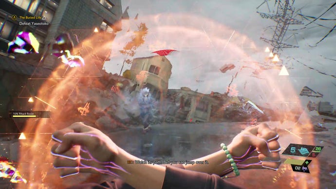 Fighting the Yaseotoko in Ghostwire: Tokyo, with KK giving the following subtitled hint: “Watch its path. Bet you can jump over it."