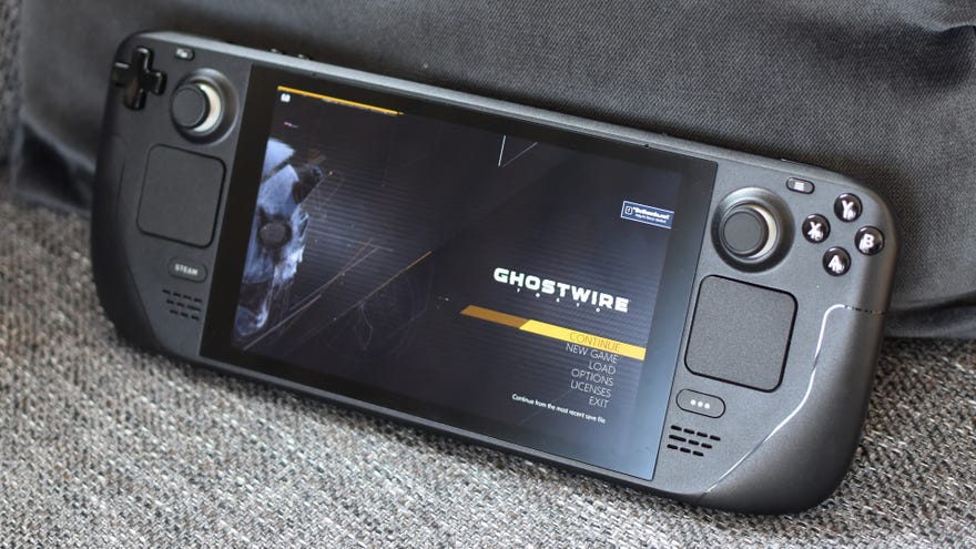 A Steam Deck showing the Ghostwire: Tokyo main menu.