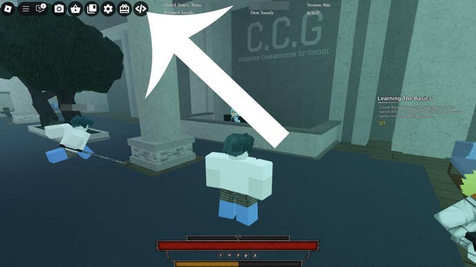 An arrow pointing at the codes button in the Roblox game Ghoul Re.