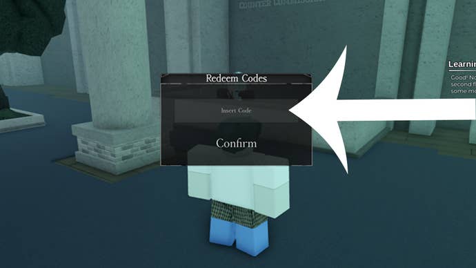 An arrow pointing at the codes menu in the Roblox game Ghoul Re.