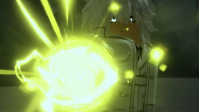 A character in the Roblox game Ghoul Re powering up to do a super-charged attack.