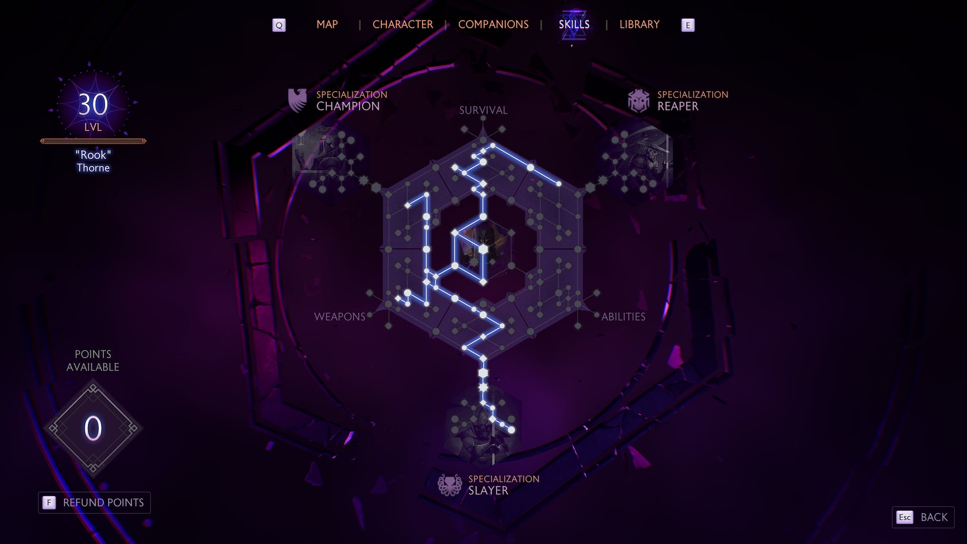 A screenshot of a Warrior skill tree in Dragon Age: The Veilguard, showing white nodes and unlock paths toward three specialisations - 38