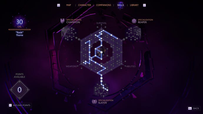A screenshot of a Warrior skill tree in Dragon Age: The Veilguard, showing white nodes and unlock paths toward three specialisations