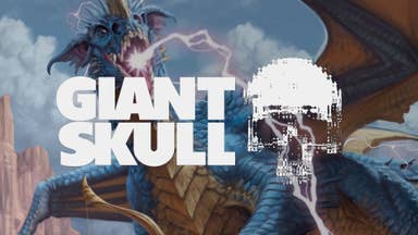 Developer Giant Skull's logo superimposed over Dungeons and Dragons artwork showing a dragon breathing lightning with its wings outstretched.