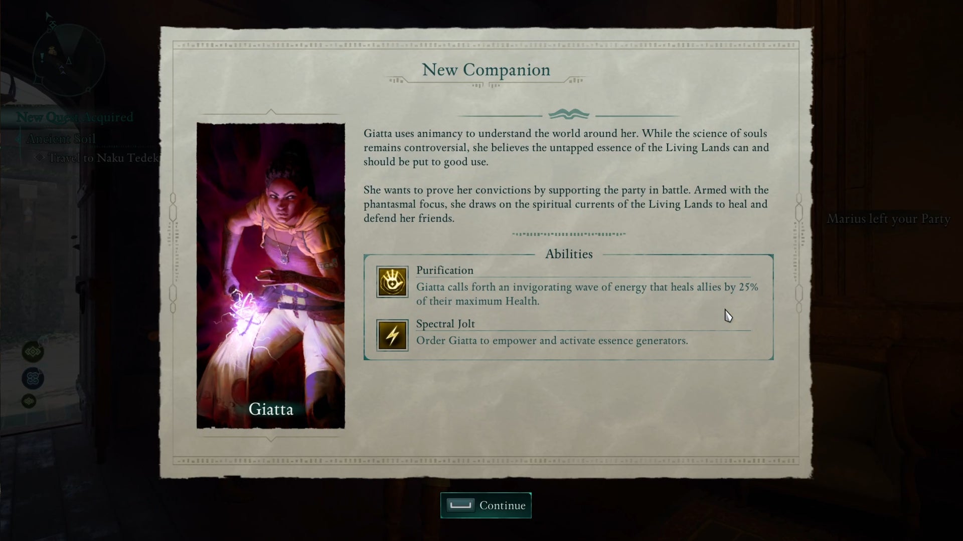 Giatta joins the party in Avowed, and a message describes her Purification and Spectral Jolt abilities. - 7