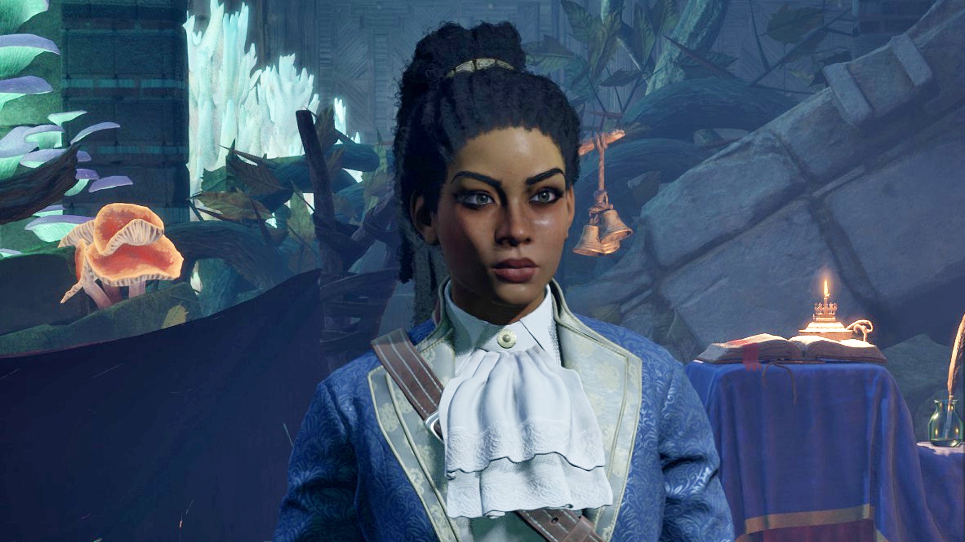 Giatta the animancer Wizard, one of the companions in Avowed. She's a Black woman with an astute expression on her face. - 1