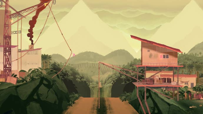 A pink gibbon swings across a river using a red chain in Gibbon: Beyond The Trees