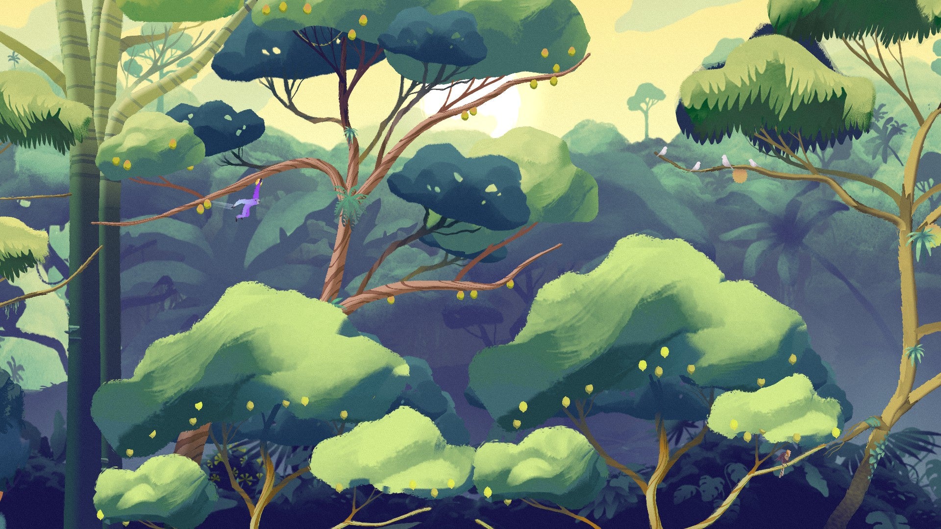 A gibbon swings through lush, green, towering trees in a jungle, the branches heaving with fruit.