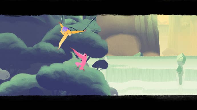 A mother gibbon swings down and reaches out to catch another fully-grown gibbon who is falling. A small gibbon clings to her back and there’s a waterfall in the background.