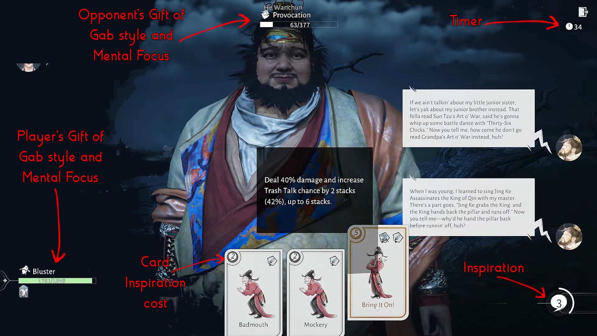Engaging in the Gift of Gab minigame in Where Winds Meet. Various elements on the screen are highlighted with red arrows, including the Inspiration meters, the cards on screen, and the timer counting down the battle. - 4