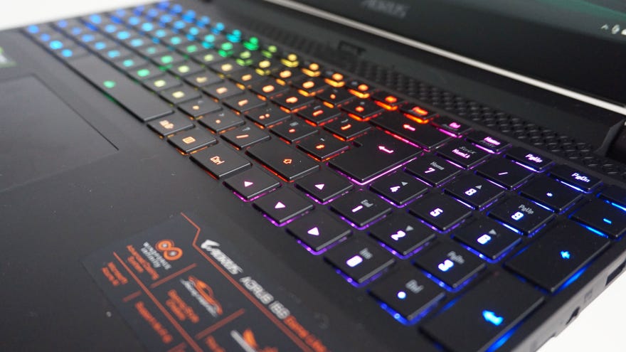 A photo of the Gigabyte Aorus 15G gaming laptop’s RGB backlit keys