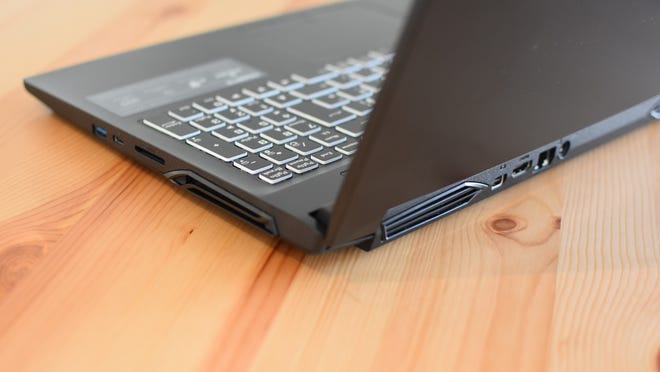 A rear view of the Gigabyte G5 gaming laptop, showing its exhaust vents.