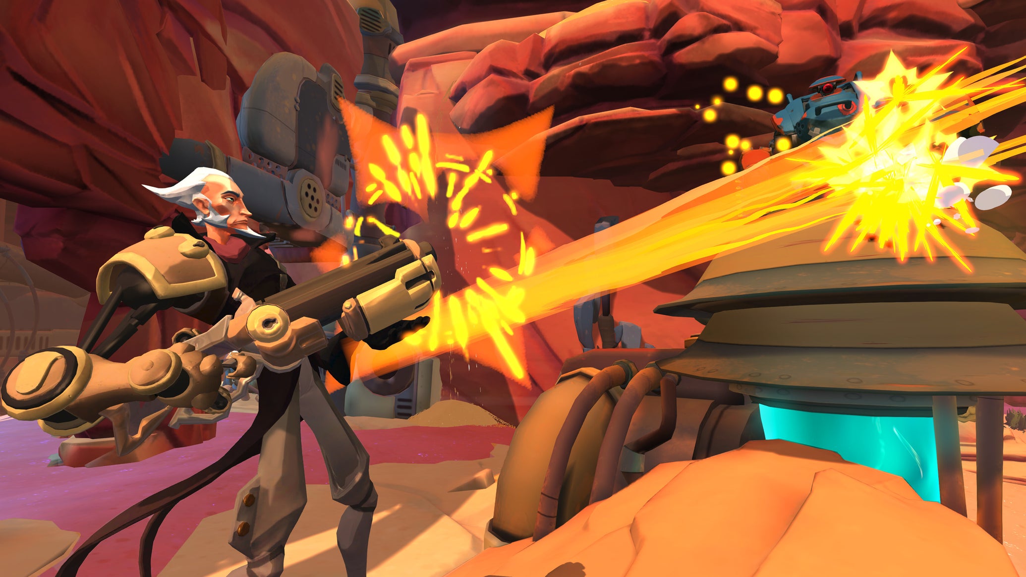 A cartoon man blasts a big gun in a cartoon 3D world in Gigantic: Rampage Edition. - 1