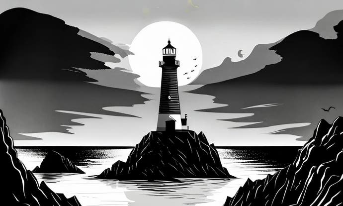 A lighthouse stands stark before a moon and craggy coastline in this art for the game GlagStone.