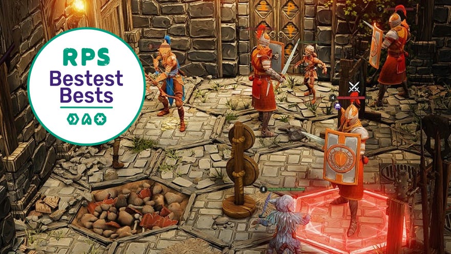 A battle scene from Gloomhaven with the RPS Bestest Best logo