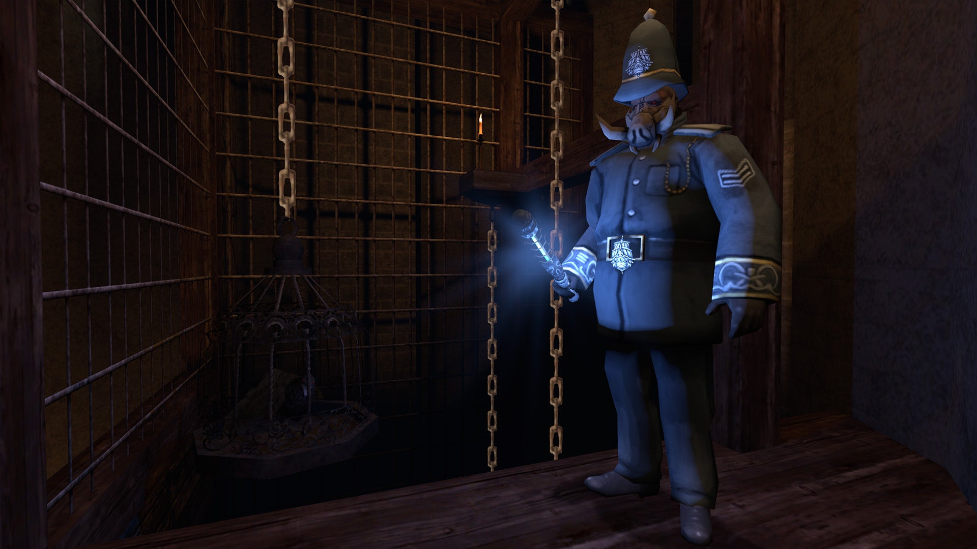 A Victorian police officer wearing a hog mask, holding an electric baton in Gloomwood. - 1